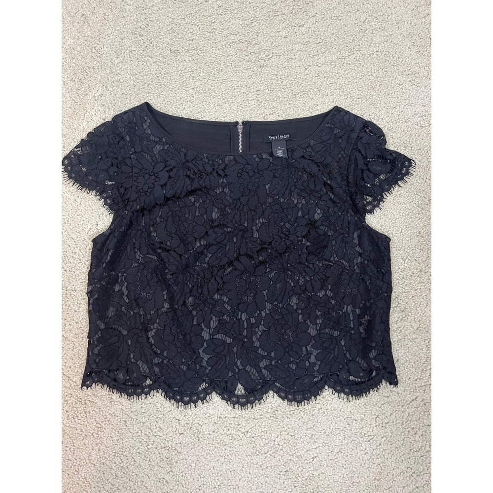 White House Black Market Black Floral Lace Crop Top Cap Sleeve Size 6 (IN#67)